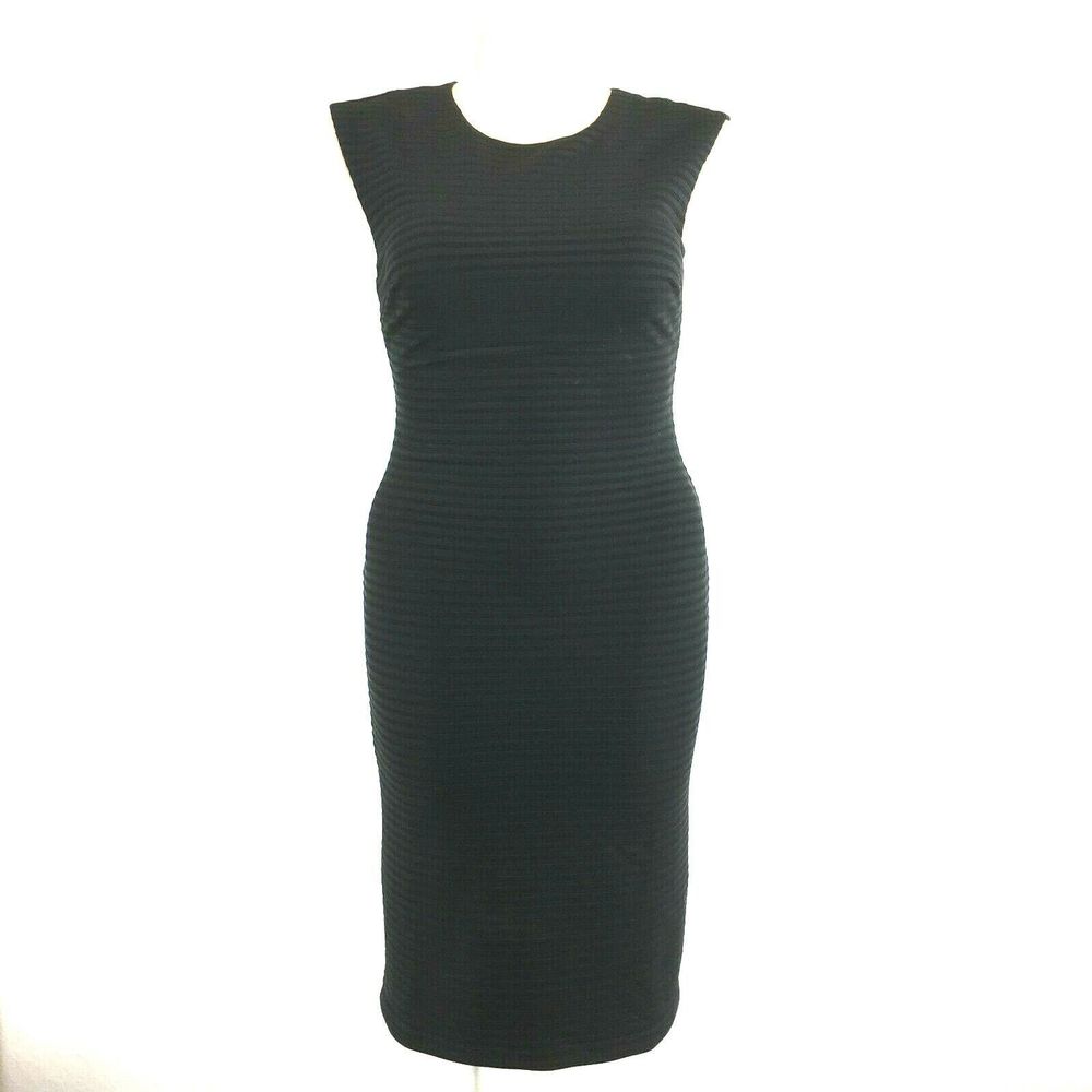NEW Banana Republic 10 Dress Black Vertical Stripe Below Knee Bodycon Sheath L